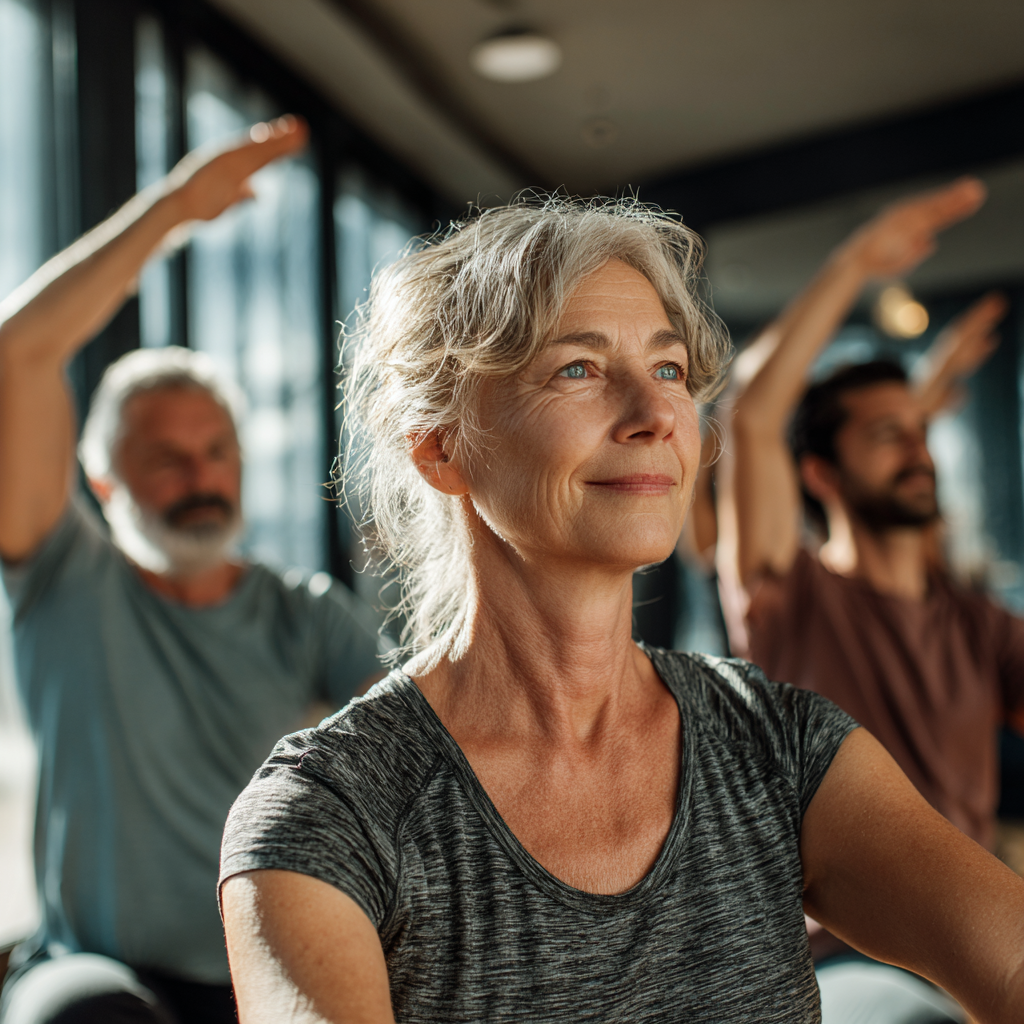 Middle-aged adults practicing gentle mobility exercises in natural lighting