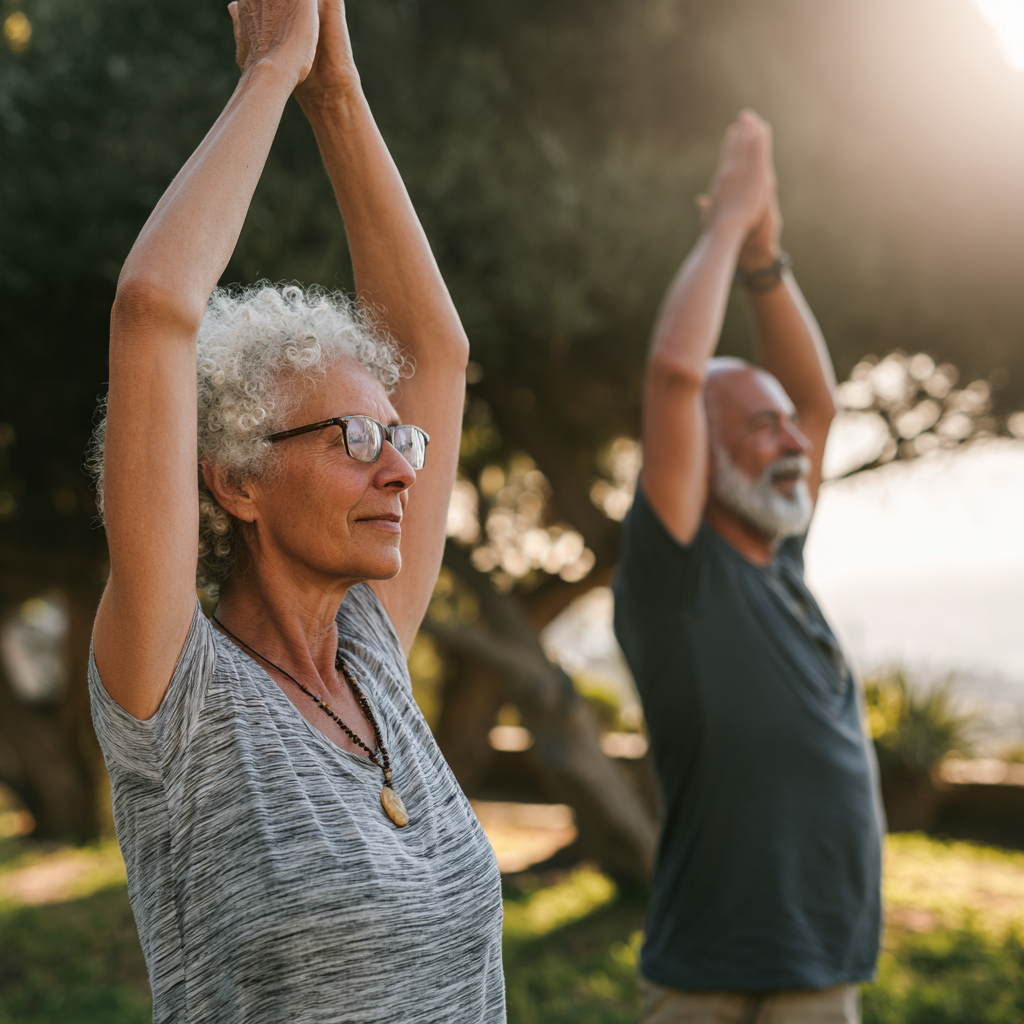 Older adults engaging in mindful movement activities outdoors